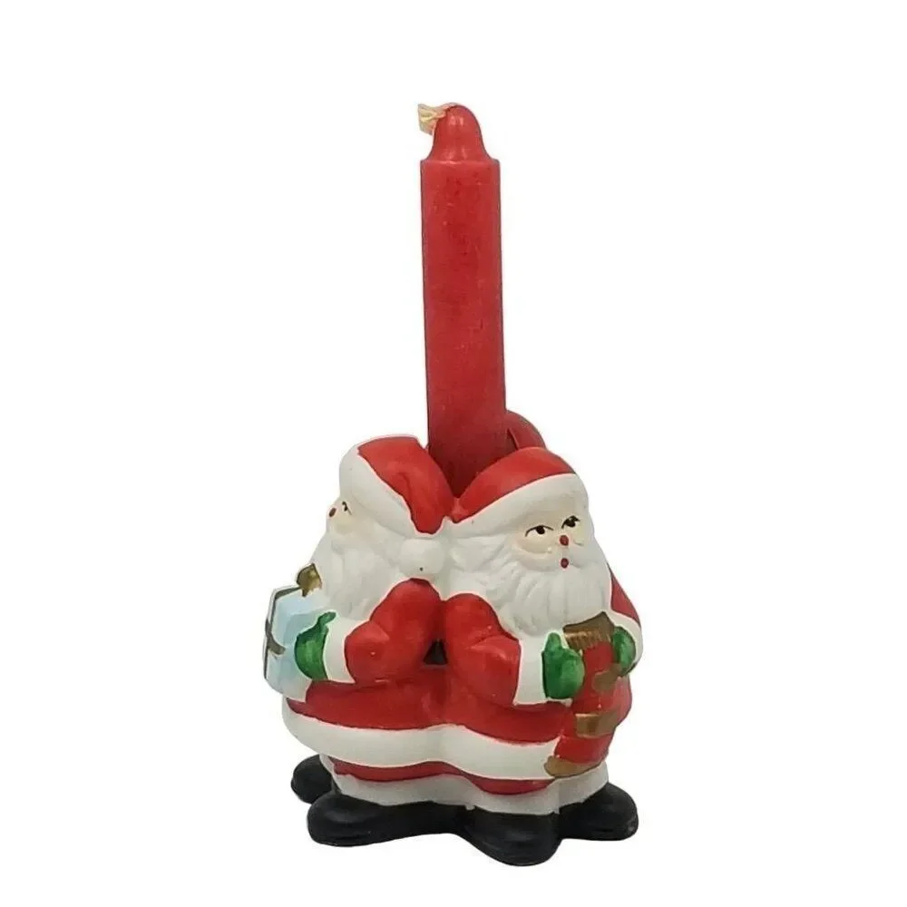 Vintage 90s Holiday Christmas Santa Claus Trio Candle Holder Table Decor
